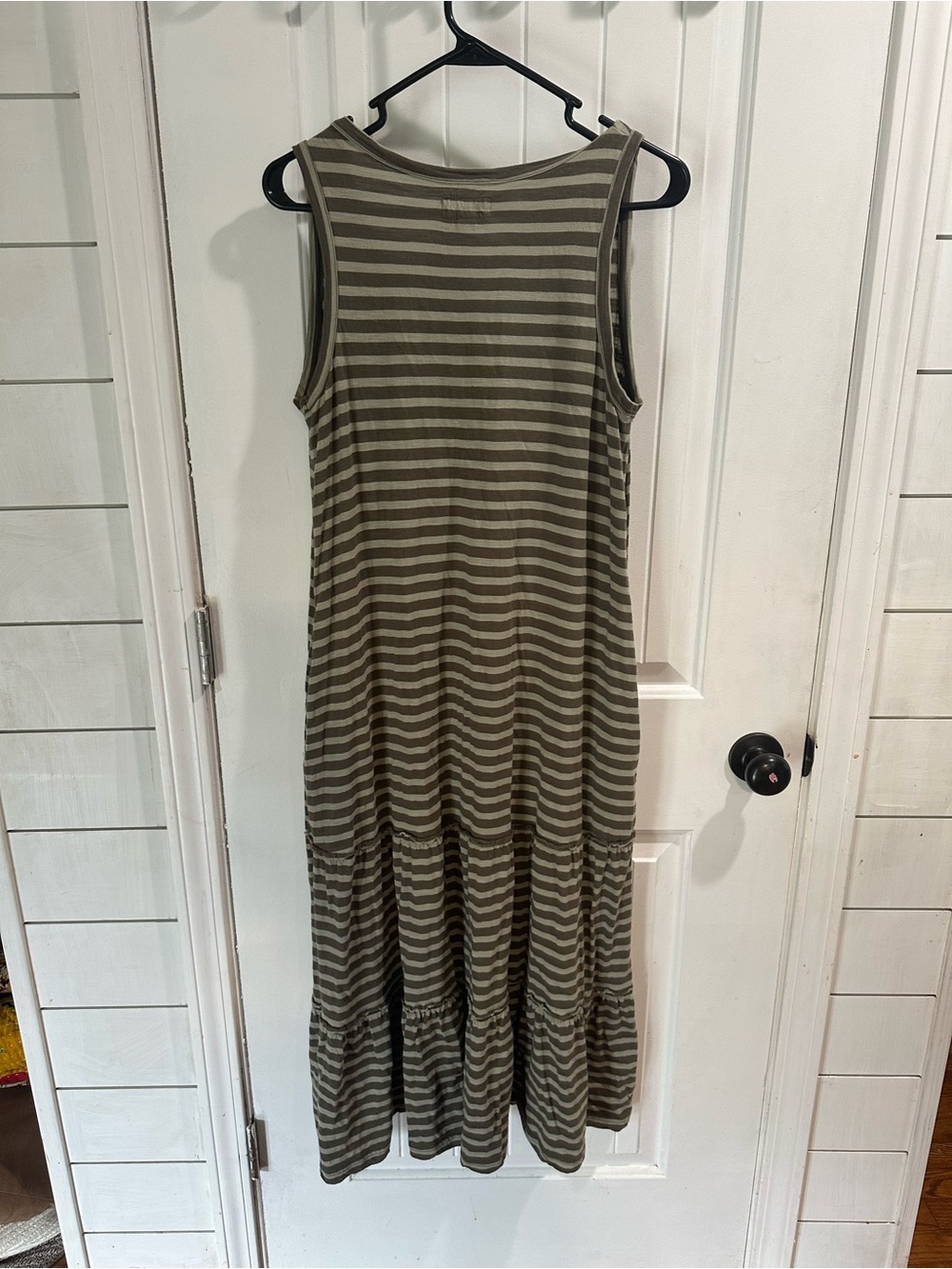 Pact Olive & Beige Striped Sleeveless Tiered Maxi Dress - Picture 2 of 4